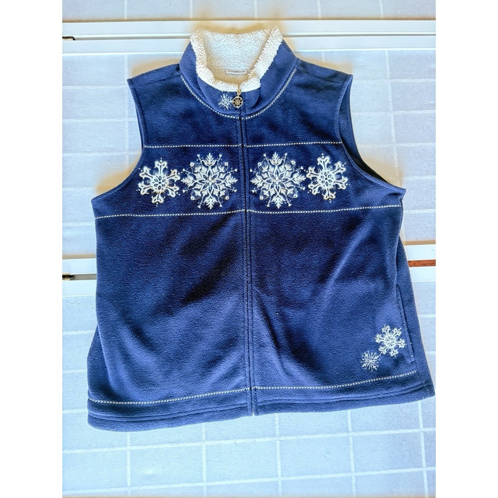 Winter Navy Blue Fleece Vest Snowflake Embroidered Full Zip Sherpa Christmas SzL